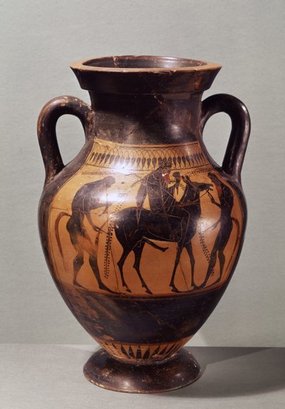 Attic black, figure amphora depicting Dionysus on a mule and two Silenes, c.510 BC by Greek